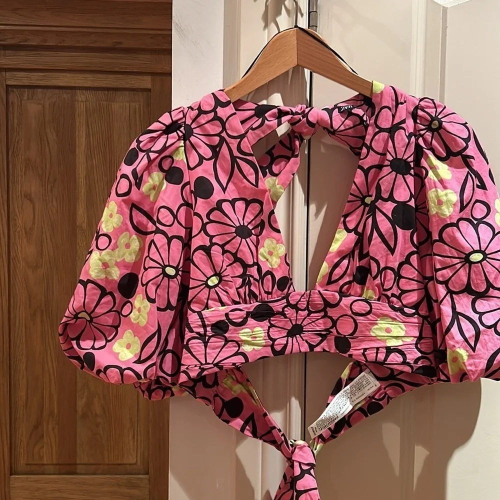 🎀ZARA NWOT puff shoulder floral crop blouse xs - Picture 5 of 13